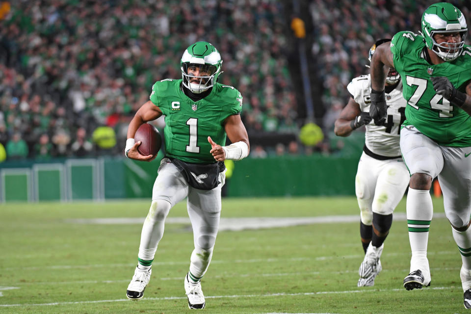 Nov 3, 2024; Philadelphia, Pennsylvania, USA; Philadelphia Eagles quarterback Jalen Hurts (1) runs for a touchdown against the Jacksonville Jaguars at Lincoln Financial Field. Mandatory Credit: Eric Hartline-Imagn Images