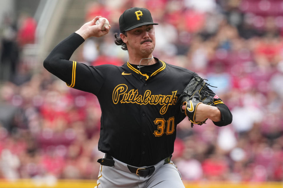 Paul Skenes pitches against the Cincinnati Reds on Sept. 22 at Great American Ball Park. (Photo by Jason Mowry/Getty Images)