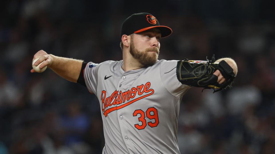 Baltimore Orioles starting pitcher Corbin Burnes (39) delivers a pitch during the first inning against the New York Yankees at Yankee Stadium. 