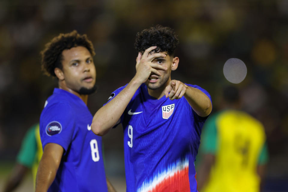 KINGSTON, JAMAICA - NOVEMBER 14: Ricardo Pepi #9 of the United States celebrates scoring during the first half against Jamaica at National Stadium on November 14, 2024 in Kingston, Jamaica. (Photo by John Dorton/ISI Photos/USSF/Getty Images)