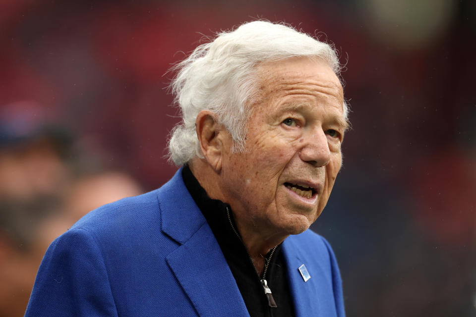 LONDON, ENGLAND - OCTOBER 20: Robert Kraft, Owner of the New England Patriots looks on prior to the NFL match between New England Patriots and Jacksonville Jaguars at Wembley Stadium on October 20, 2024 in London, England. (Photo by Richard Heathcote/Getty Images)