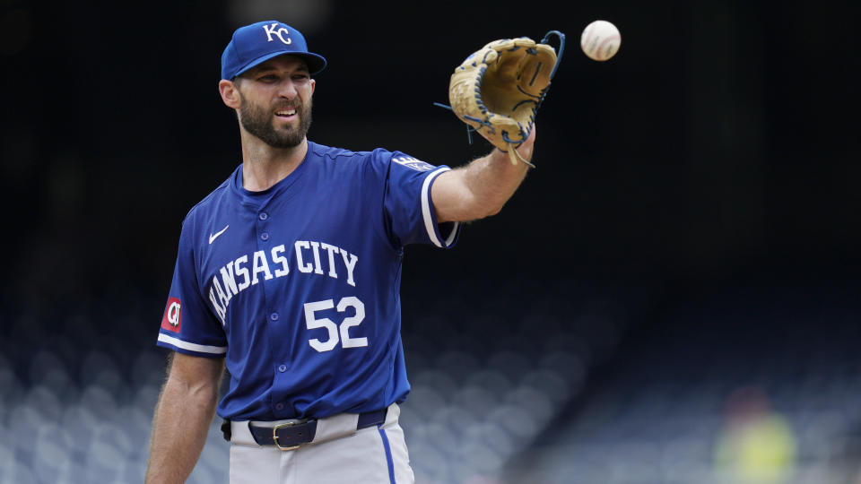 WASHINGTON, DC - SEPTEMBER 26: Michael Wacha #52 of the Kansas City Royals catches the ball before pitching to the Washington Nationals during the first inning at Nationals Park on September 26, 2024 in Washington, DC. (Photo by Jess Rapfogel/Getty Images)