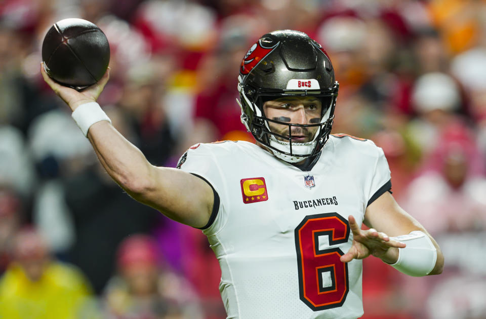 Nov 4, 2024; Kansas City, Missouri, USA; Tampa Bay Buccaneers quarterback Baker Mayfield (6) throws a pass during the first half against the Kansas City Chiefs at GEHA Field at Arrowhead Stadium. Mandatory Credit: Jay Biggerstaff-Imagn Images