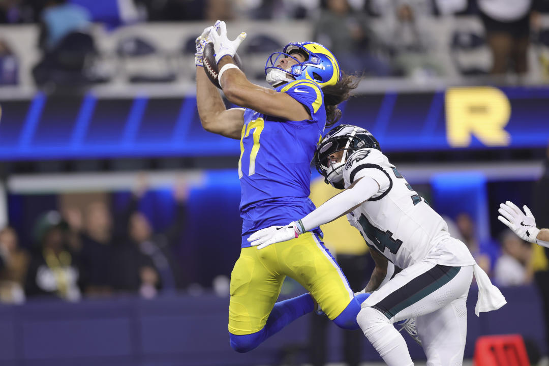 Los Angeles Rams wide receiver Puka Nacua, top, cannot catch a pass over Philadelphia Eagles cornerback Isaiah Rodgers during the second half of an NFL football game in Inglewood, Calif., Sunday, Nov. 24, 2024. (AP Photo/Ryan Sun)