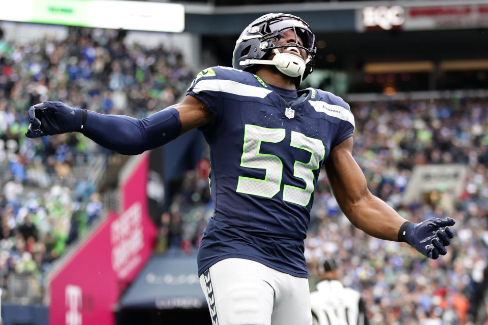 Boye Mafe of the Seattle Seahawks reacts to breaking up a pass during the first quarter against the Arizona Cardinals. (Photo by Rio Giancarlo/Getty Images)