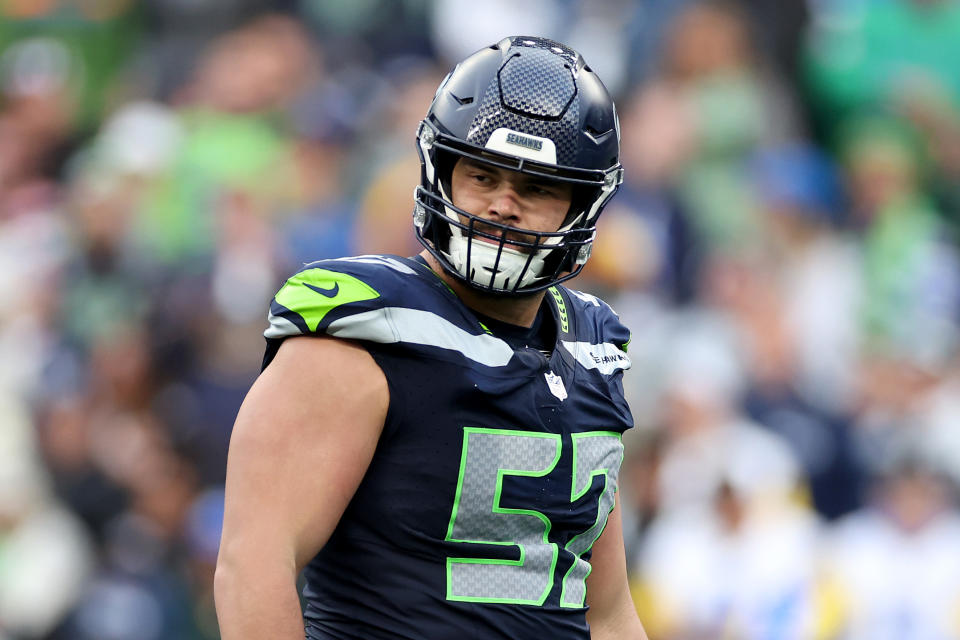 SEATTLE, WASHINGTON - NOVEMBER 03: Connor Williams #57 of the Seattle Seahawks looks on during the third quarter against the Los Angeles Rams at Lumen Field on November 03, 2024 in Seattle, Washington. (Photo by Steph Chambers/Getty Images)