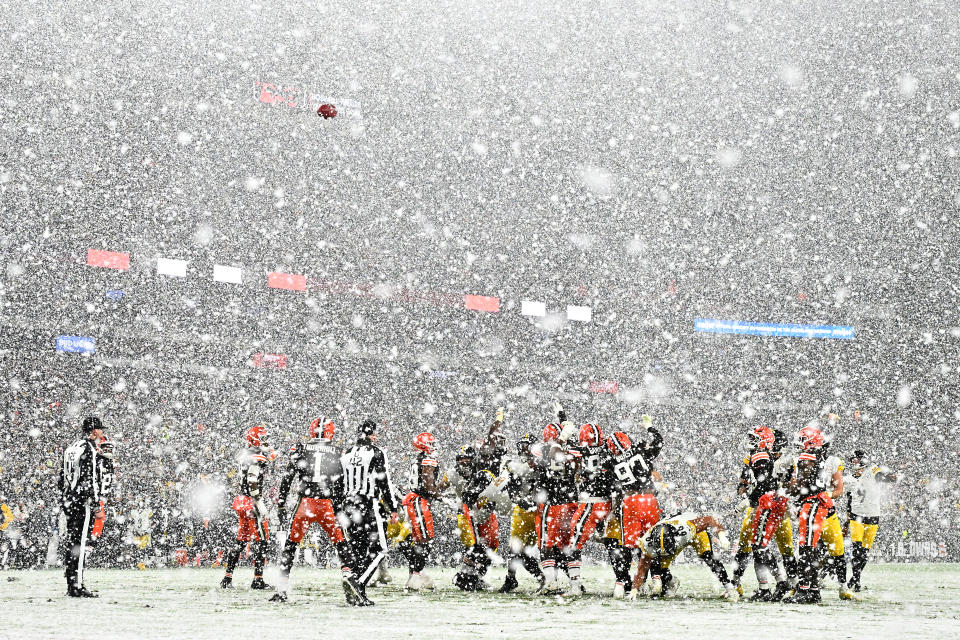 The Browns and Steelers played in the snow on Thursday night. (Photo by Jason Miller/Getty Images)