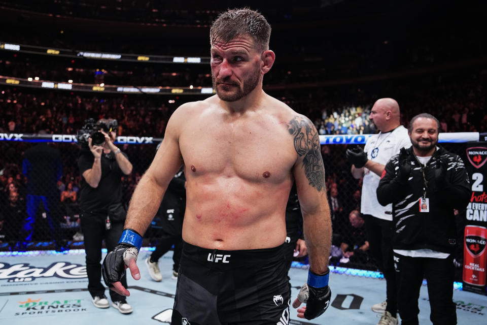 NEW YORK, NEW YORK - NOVEMBER 16: Stipe Miocic of the United States of America looks on after his loss to Jon Jones of the United States of America in the UFC heavyweight championship fight during the UFC 309 event at Madison Square Garden on November 16, 2024 in New York City. (Photo by Jeff Bottari/Zuffa LLC)