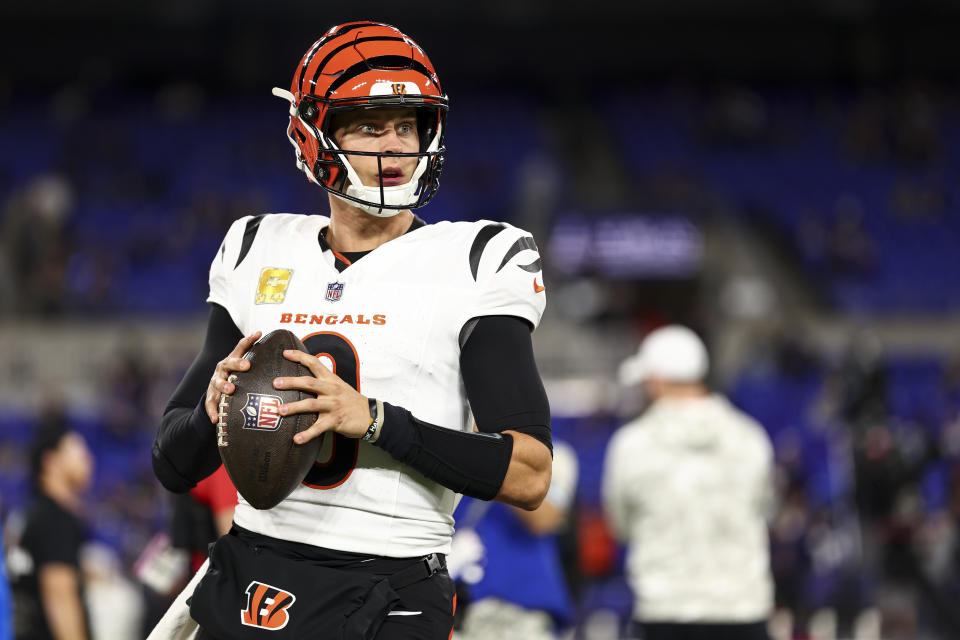 BALTIMORE, MARYLAND - NOVEMBER 7: Joe Burrow #9 of the Cincinnati Bengals warms up prior to an NFL football game against the Baltimore Ravens at M&T Bank Stadium on November 7, 2024 in Baltimore, Maryland. (Photo by Kevin Sabitus/Getty Images)