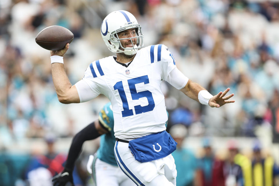 JACKSONVILLE, FLORIDA - OCTOBER 06: Joe Flacco #15 of the Indianapolis Colts throws the ball during an NFL football game against the Jacksonville Jaguars at EverBank Stadium on October 6, 2024 in Jacksonville, Florida. (Photo by Perry Knotts/Getty Images)