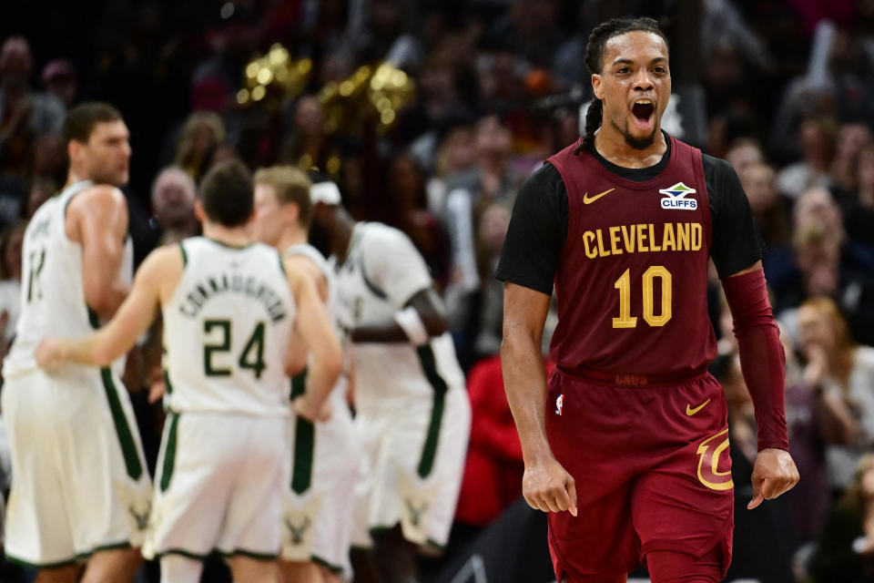 Nov 4, 2024; Cleveland, Ohio, USA; Cleveland Cavaliers guard Darius Garland (10) celebrates during the second half against the Milwaukee Bucks at Rocket Mortgage FieldHouse. Mandatory Credit: Ken Blaze-Imagn Images