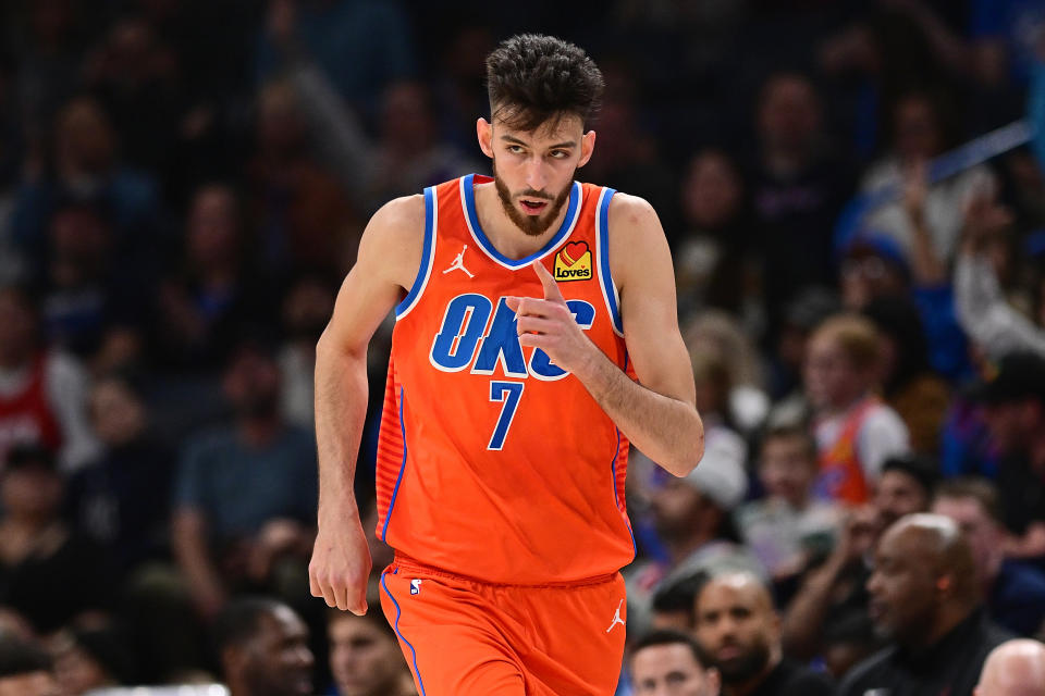 Chet Holmgren landed on his hip hard under the basket after trying to contest an Andrew Wiggins layup on Saturday night.