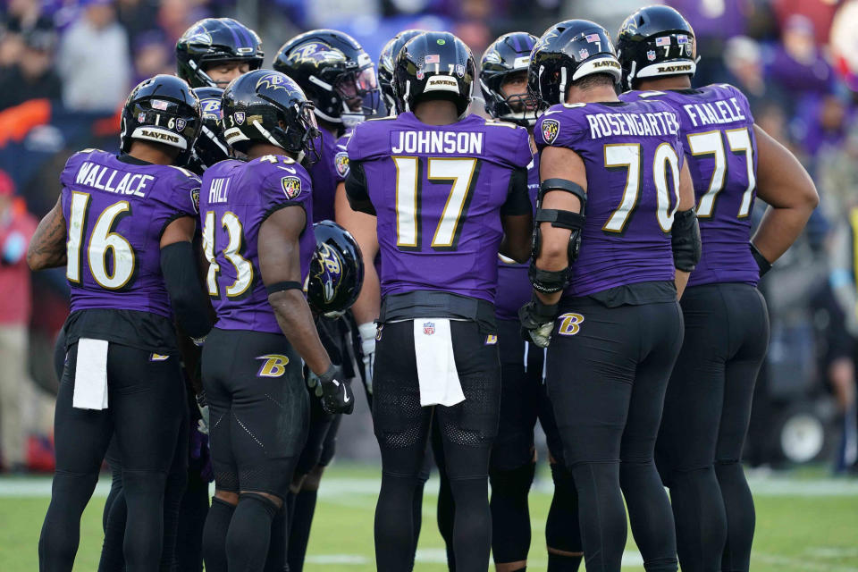 Nov 3, 2024; Baltimore, Maryland, USA; Baltimore Ravens quarterback Josh Johnson (17) leads the offense during the fourth quarter touchdown against the Denver Broncos at M&T Bank Stadium. Mandatory Credit: Mitch Stringer-Imagn Images