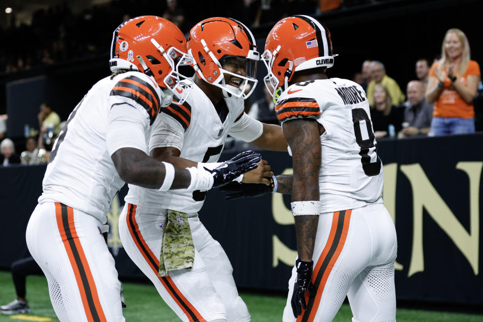 NEW ORLEANS, LOUISIANA - NOVEMBER 17: Jerry Jeudy #3, Jameis Winston #5 and Elijah Moore #8 of the Cleveland Browns celebrates a third quarter touchdown against the New Orleans Saints at Caesars Superdome on November 17, 2024 in New Orleans, Louisiana. (Photo by Sean Gardner/Getty Images)