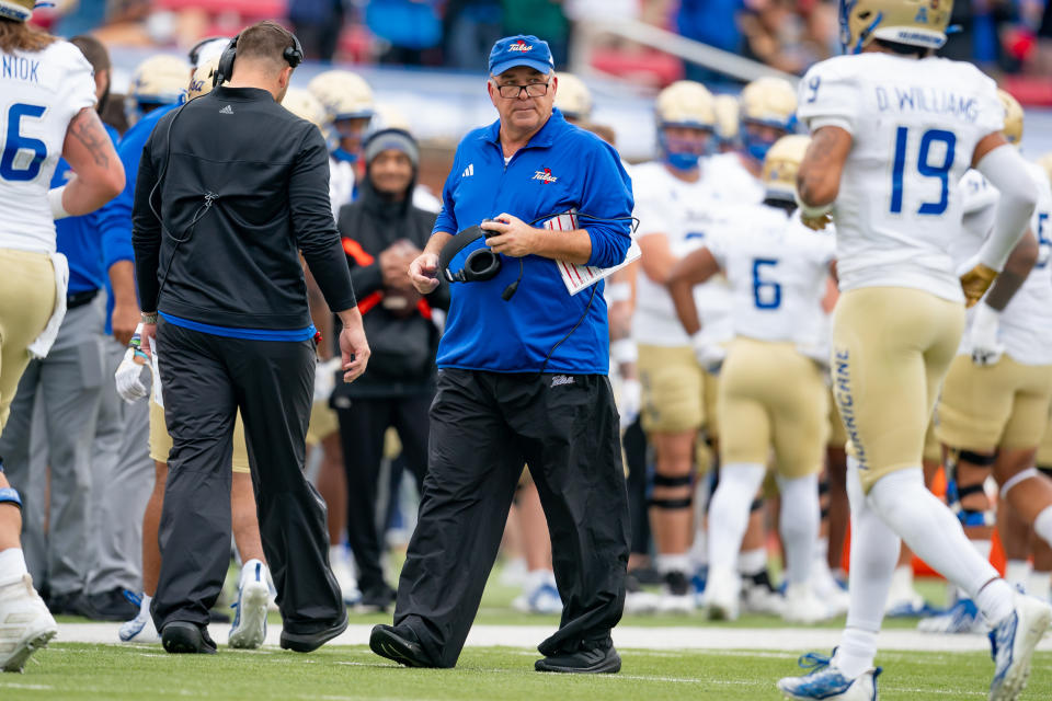 DALLAS, TX - OCTOBER 28: Tulsa Golden Hurricane head coach Kevin Wilson walks the sideline during a game between the Tulsa Golden Hurricane and the Southern Methodist Mustangs on October 28, 2023, at Gerald Ford Stadium in Dallas, TX. (Photo by Chris Leduc/Icon Sportswire via Getty Images)