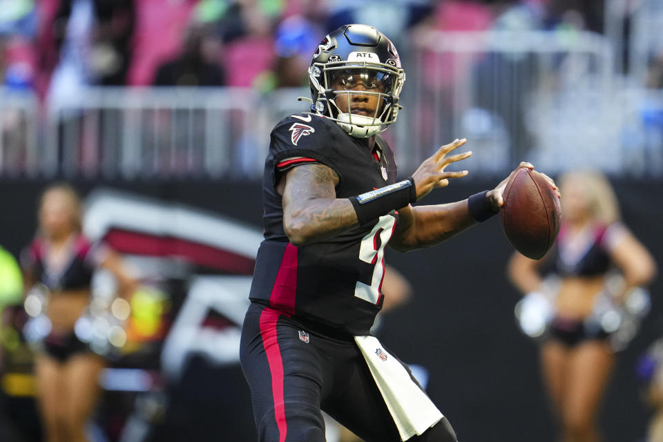 In a vacuum of elite-level QB prospects this upcoming draft, teams might inquire on the availability of Falcons rookie backup Michael Penix Jr. (Photo by Cooper Neill/Getty Images)