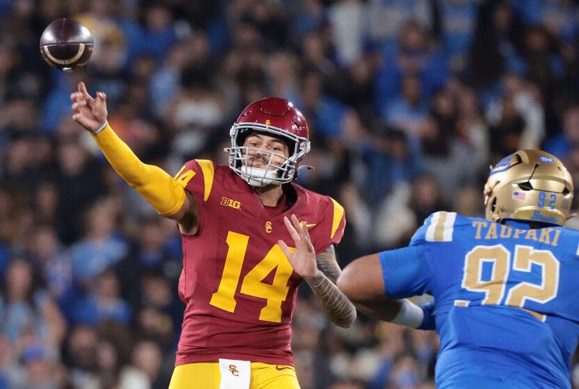 USC quarterback Jayden Maiava passes against UCLA at the Rose Bowl.