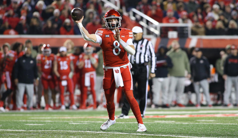 SALT LAKE CITY, UT - NOVEMBER 9: Brandon Rose #8 of the Utah Utes throws a pass against the Brigham Young Cougars during the first half of their game at Rice-Eccles Stadium on November 9, 2024 in Salt Lake City, Utah.(Photo by Chris Gardner/Getty Images)