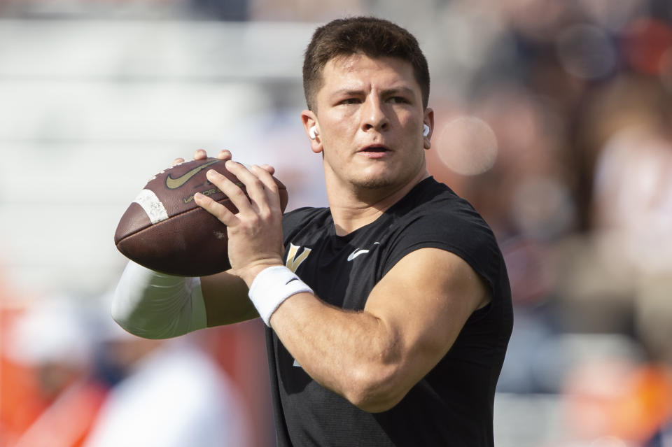 AUBURN, ALABAMA - NOVEMBER 02: Quarterback Diego Pavia #2 of the Vanderbilt Commodores prior to the game Auburn Tigers at Jordan-Hare Stadium on November 02, 2024 in Auburn, Alabama. (Photo by Michael Chang/Getty Images)