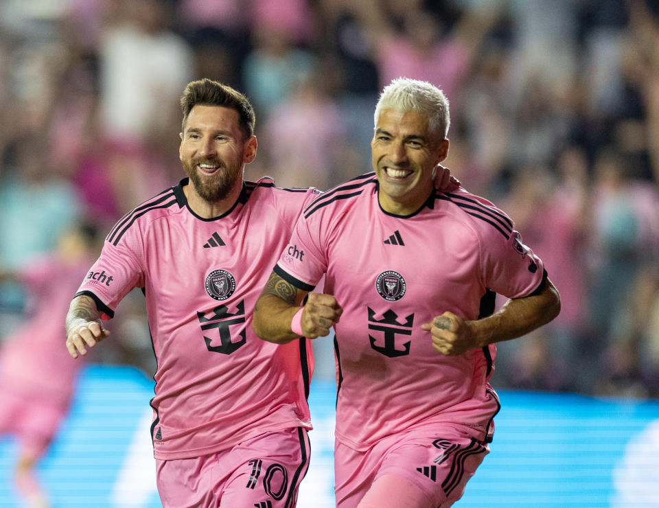 FORT LAUDERDALE, FLORIDA - OCTOBER 25: Lionel Messi celebrates Luis Suarez goal for Inter Miami CF (2) during round one of the 2024 MLS playoff game against Atlanta United FC (1) at the Chase Stadium on October 25th, 2024 in Fort Lauderdale, Florida, USA. (Photo by Simon Bruty/Anychance/Getty Images)