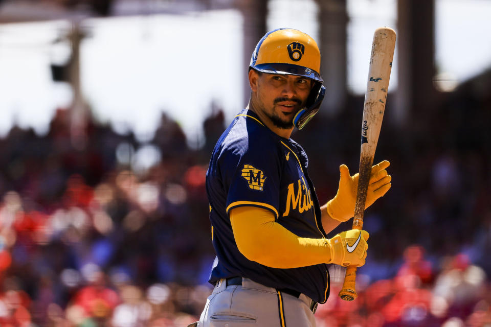 Sep 1, 2024; Cincinnati, Ohio, USA; Milwaukee Brewers shortstop Willy Adames (27) at bat in the sixth inning against the Cincinnati Reds at Great American Ball Park. Mandatory Credit: Katie Stratman-USA TODAY Sports