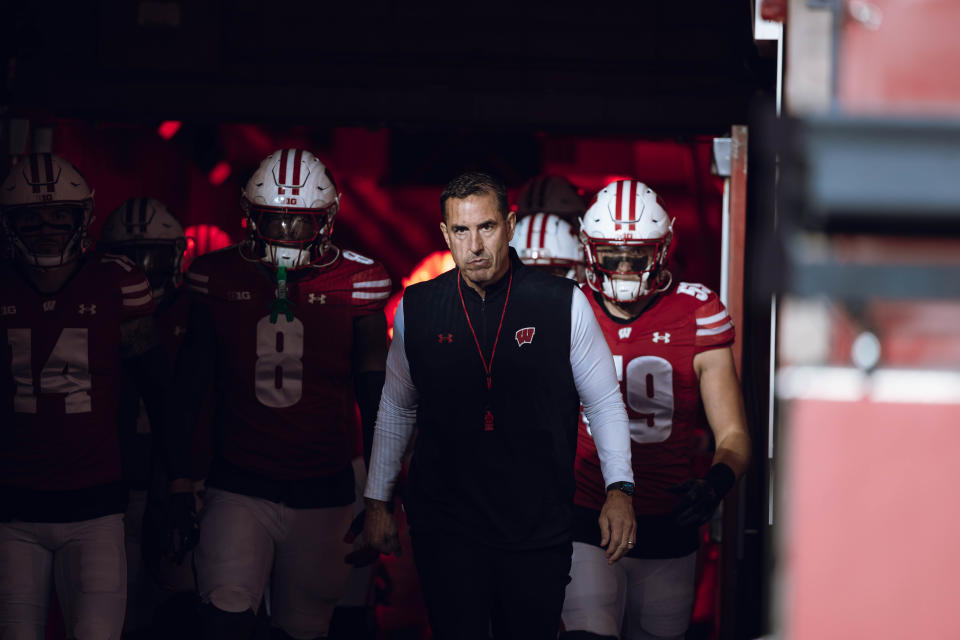 Wisconsin Badgers Head Coach Luke Fickell leads Wisconsin out of the tunnel at Camp Randall Stadium as they take on the Oregon Ducks in Madison, Wisconsin, on November 16, 2024. (Photo by Ross Harried/NurPhoto via Getty Images)