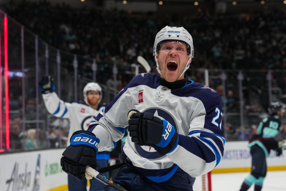 Nikolaj Ehlers celebrates a goal. (Christopher Mast/NHLI via Getty Images)