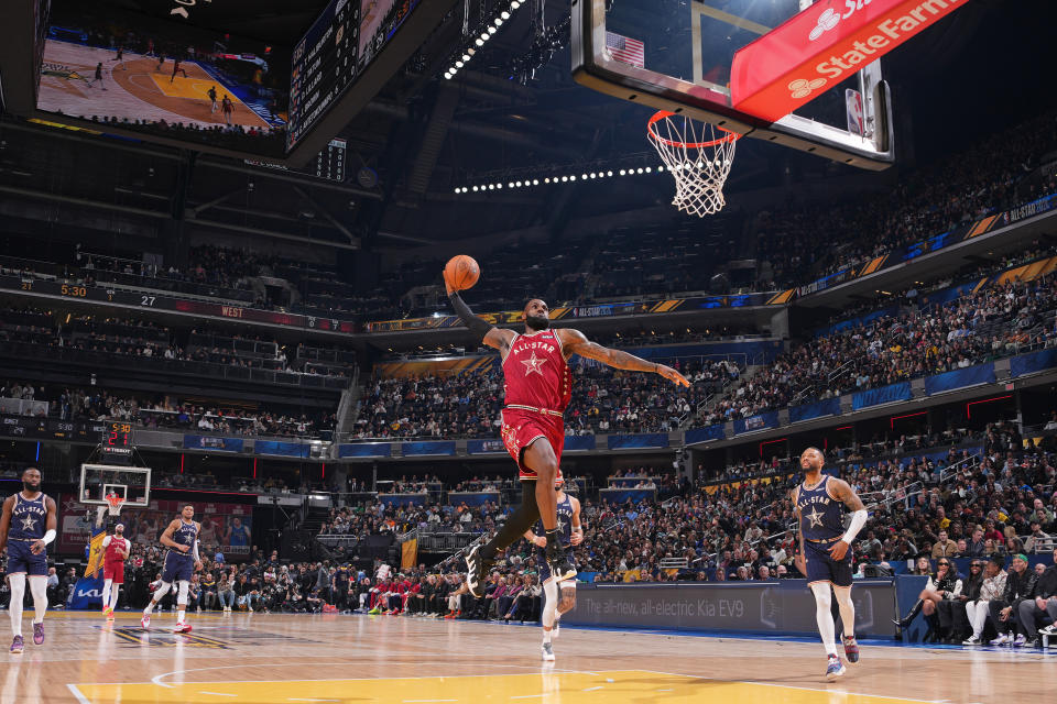 LeBron James dunks during last year's All-Star Game. (Jesse D. Garrabrant/NBAE via Getty Images)