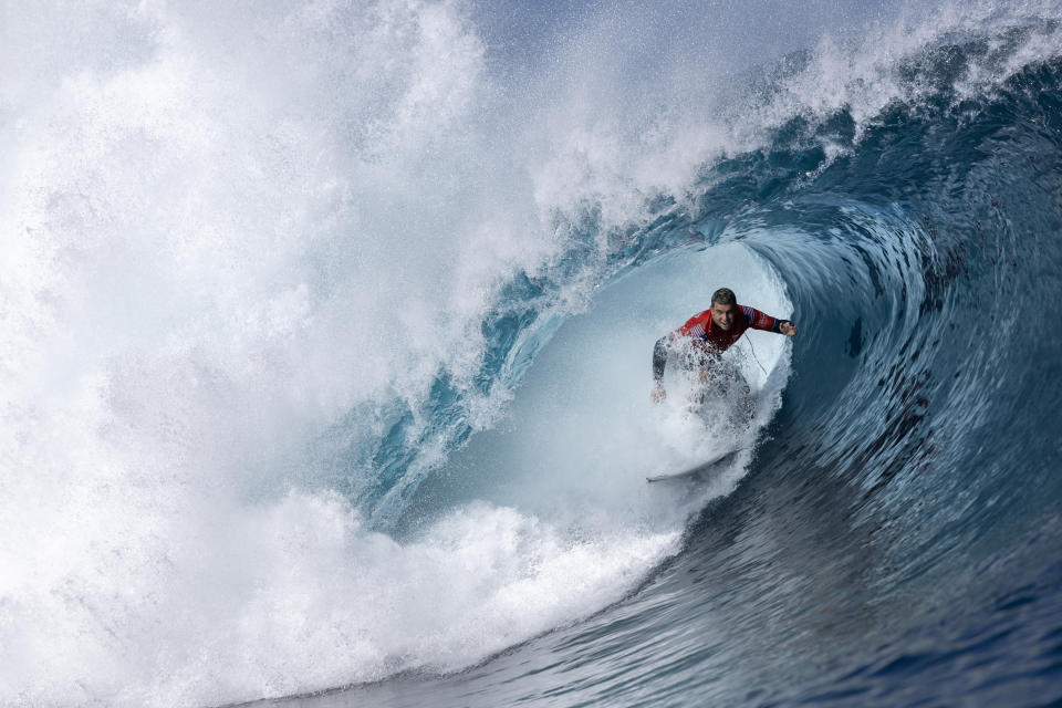 TEAHUPO'O, FRENCH POLYNESIA - MAY 30: Cole Houshmand of the United States competes in the Round of 16 at the SHISEIDO Tahiti Pro on May 30, 2024 in Teahupo'o, French Polynesia. (Photo by Sean M. Haffey/Getty Images)