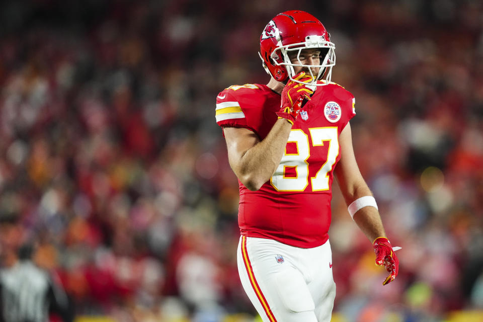 KANSAS CITY, MO - DECEMBER 08: Travis Kelce #87 of the Kansas City Chiefs looks on from the field during an NFL football game against the Los Angeles Chargers at GEHA Field at Arrowhead Stadium on December 8, 2024 in Kansas City, Missouri. (Photo by Cooper Neill/Getty Images)