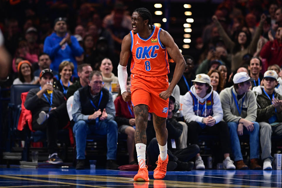 OKLAHOMA CITY, OKLAHOMA - DECEMBER 3: Jalen Williams #8 of the Oklahoma City Thunder celebrates after a made basket during the first half against the Utah Jazz at Paycom Center on December 3, 2024 in Oklahoma City, Oklahoma. NOTE TO USER: User expressly acknowledges and agrees that, by downloading and or using this photograph, User is consenting to the terms and conditions of the Getty Images License Agreement. (Photo by Joshua Gateley/Getty Images)