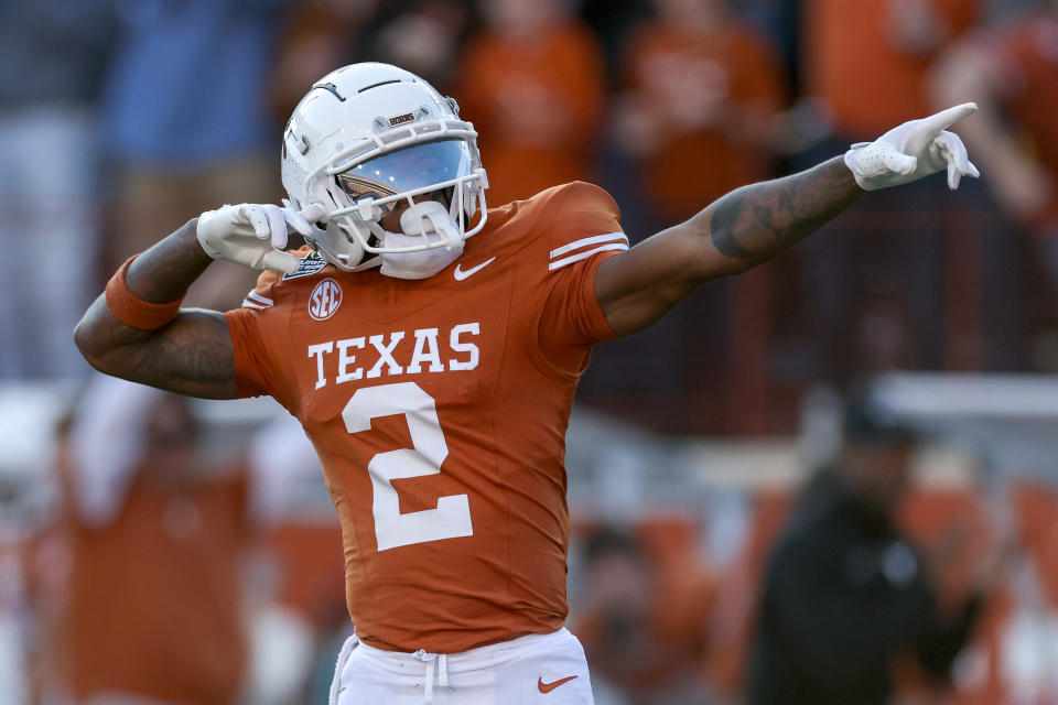 AUSTIN, TEXAS - DECEMBER 21: Matthew Golden #2 of the Texas Longhorns reacts after a first down in the first half against the Clemson Tigers during the Playoff First Round Game at Darrell K Royal-Texas Memorial Stadium on December 21, 2024 in Austin, Texas. (Photo by Tim Warner/Getty Images)