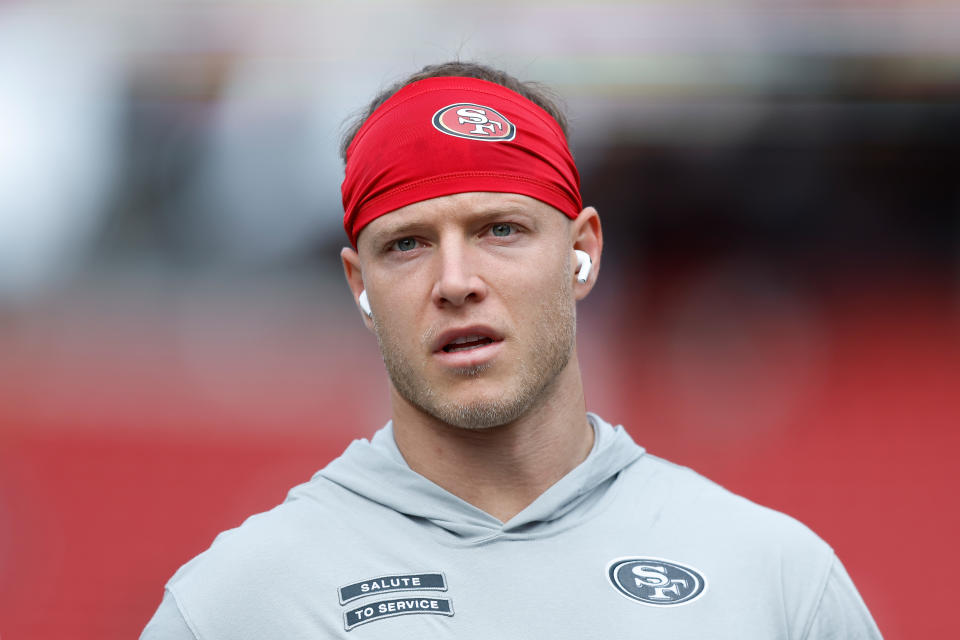 SANTA CLARA, CALIFORNIA - NOVEMBER 17: Christian McCaffrey #23 of the San Francisco 49ers warms up before the game against the Seattle Seahawks at Levi's Stadium on November 17, 2024 in Santa Clara, California. (Photo by Lachlan Cunningham/Getty Images)