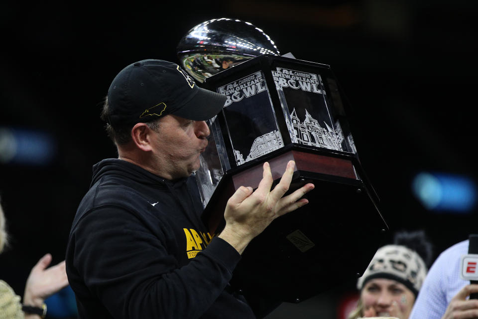 NEW ORLEANS, LOUISIANA - DECEMBER 21: Head coach Shawn Clark of the Appalachian State Mountaineers celebrates after defeating the UAB Blazers during the R+L Carriers New Orleans Bowl at Mercedes-Benz Superdome on December 21, 2019 in New Orleans, Louisiana. (Photo by Chris Graythen/Getty Images)