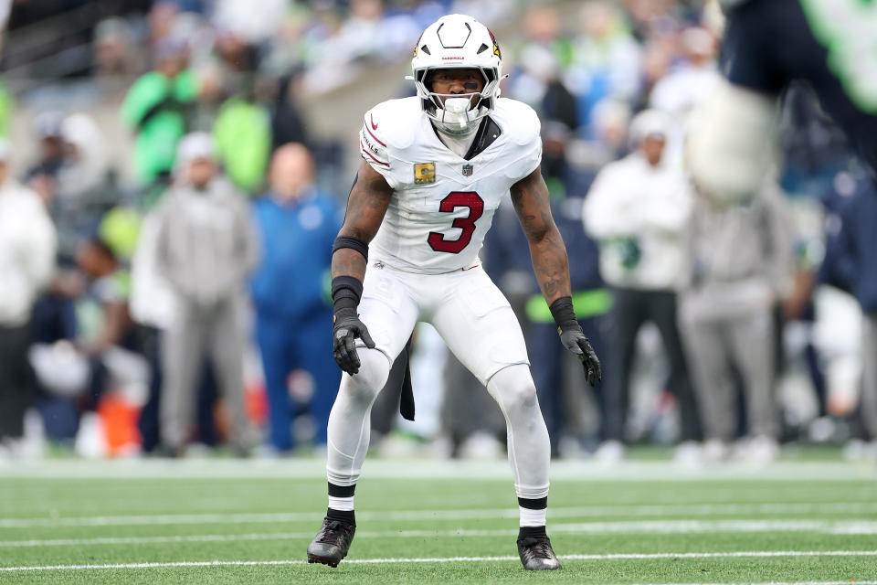 SEATTLE, WASHINGTON - NOVEMBER 24: Budda Baker #3 of the Arizona Cardinals looks on against the Seattle Seahawks at Lumen Field on November 24, 2024 in Seattle, Washington. (Photo by Steph Chambers/Getty Images)