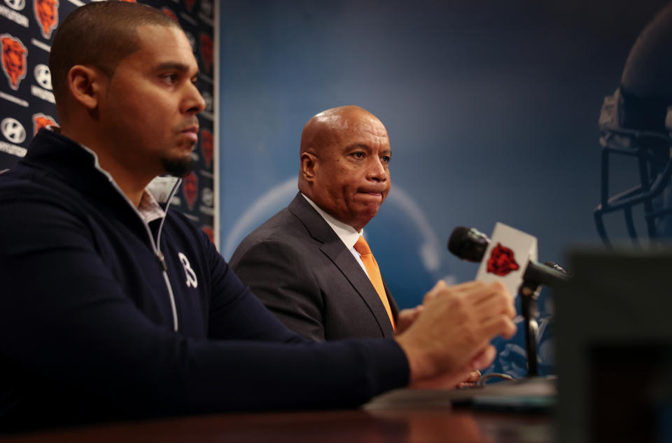 Ryan Poles, left, general manager of the Chicago Bears, listens as Kevin Warren, center, answers questions from the media following the firing of Chicago Bears head coach Matt Eberflus on Monday, Dec. 2, 2024, in Lake Forest, Illinois. (Stacey Wescott/Chicago Tribune/Tribune News Service via Getty Images)