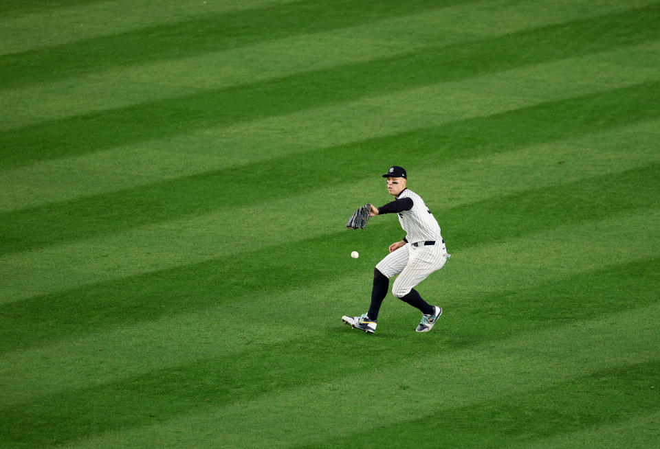 NEW YORK, NEW YORK - The Yankees were winning 5-0 in the fifth inning of Game 5 of the 2024 World Series when Aaron Judge dropped a Tommy Edman fly ball, which jump-started a Dodgers' comeback. (Photo by Al Bello/Getty Images)