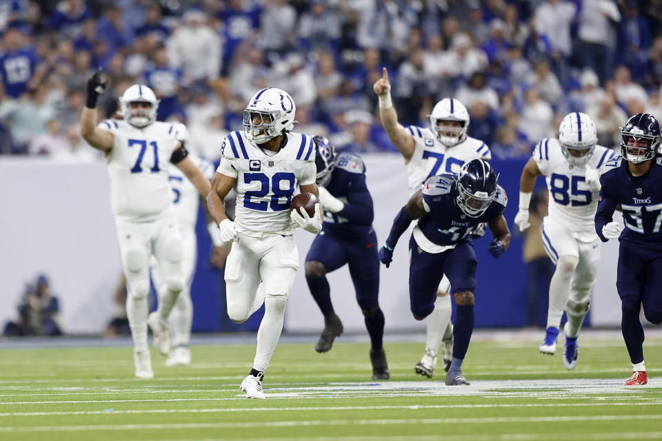 Colts running back Jonathan Taylor made sure to hold onto the ball when crossing the goal line this week. (Photo by Jeffrey Brown/Getty Images)