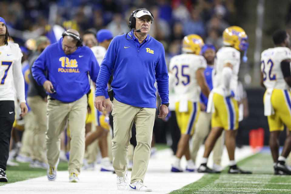 DETROIT, MICHIGAN - DECEMBER 26: Head coach Pat Narduzzi of the Pittsburgh Panthers looks on in the second quarter of the GameAbove Sports Bowl game against the Toledo Rockets at Ford Field on December 26, 2024 in Detroit, Michigan. (Photo by Mike Mulholland/Getty Images)