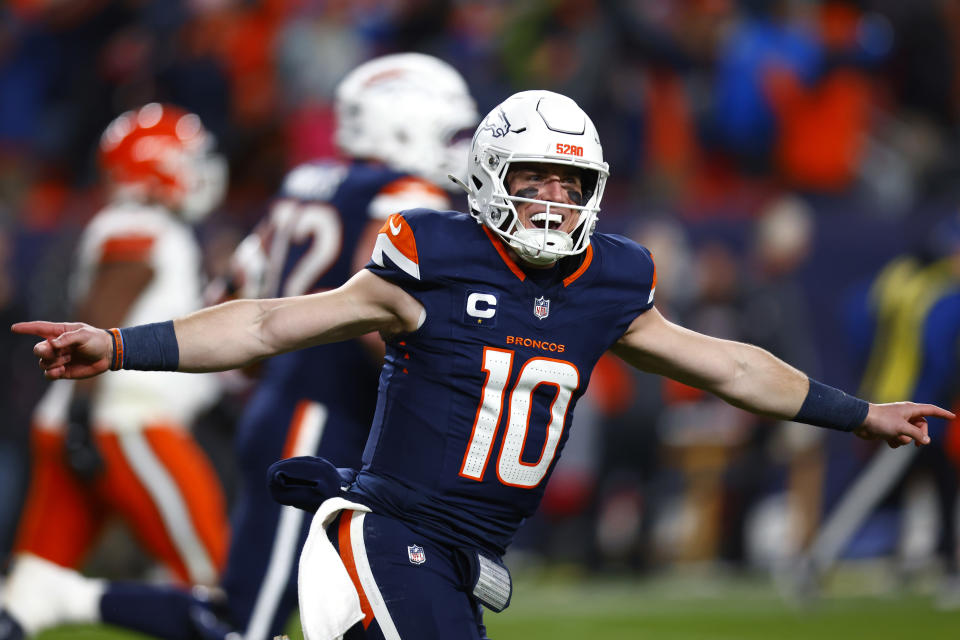 DENVER, COLORADO - DECEMBER 02: Bo Nix #10 of the Denver Broncos celebrates after throwing a 93 yard touchdown pass to Marvin Mims Jr. #19 against the Cleveland Browns during the third quarter in the game at Empower Field At Mile High on December 02, 2024 in Denver, Colorado. (Photo by Justin Edmonds/Getty Images)