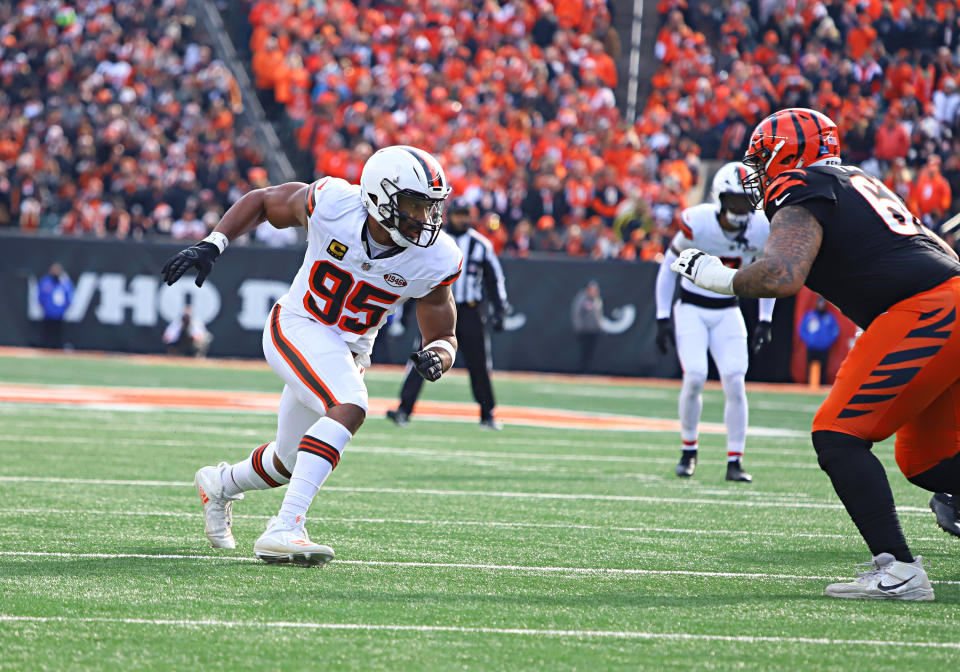 CINCINNATI, OH - DECEMBER 22 - Cleveland Browns defensive end Myles Garrett (95) battles Cincinnati Bengals guard Cody Ford (61) in a game between the Cleveland Browns and the Cincinnati Bengals at Paycor Stadium on Sunday, December 22, 2024. (Photo by Jeff Moreland/Icon Sportswire via Getty Images)