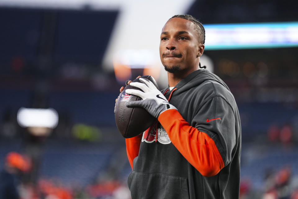 DENVER, CO - DECEMBER 02: Dorian Thompson-Robinson #17 of the Cleveland Browns warms up prior to an NFL football game against the Denver Broncos at Empower Field at Mile High on December 2, 2024 in Denver, Colorado. (Photo by Cooper Neill/Getty Images)