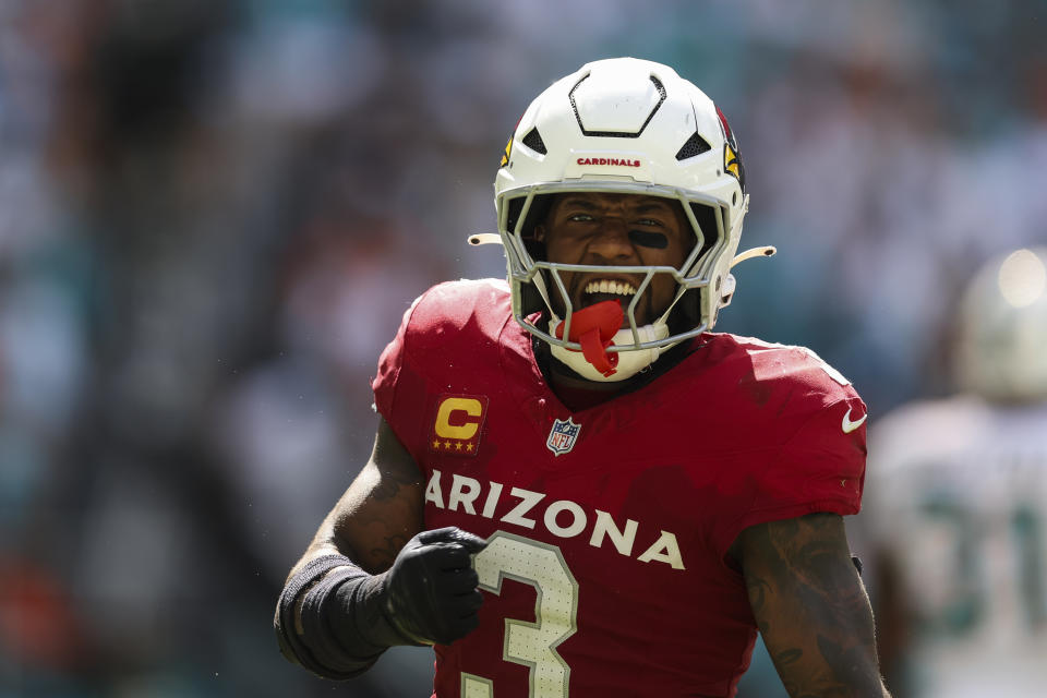 MIAMI GARDENS, FLORIDA - OCTOBER 27: Budda Baker #3 of the Arizona Cardinals celebrates during an NFL football game against the Miami Dolphins at Hard Rock Stadium on October 27, 2024 in Miami Gardens, Florida. (Photo by Perry Knotts/Getty Images)