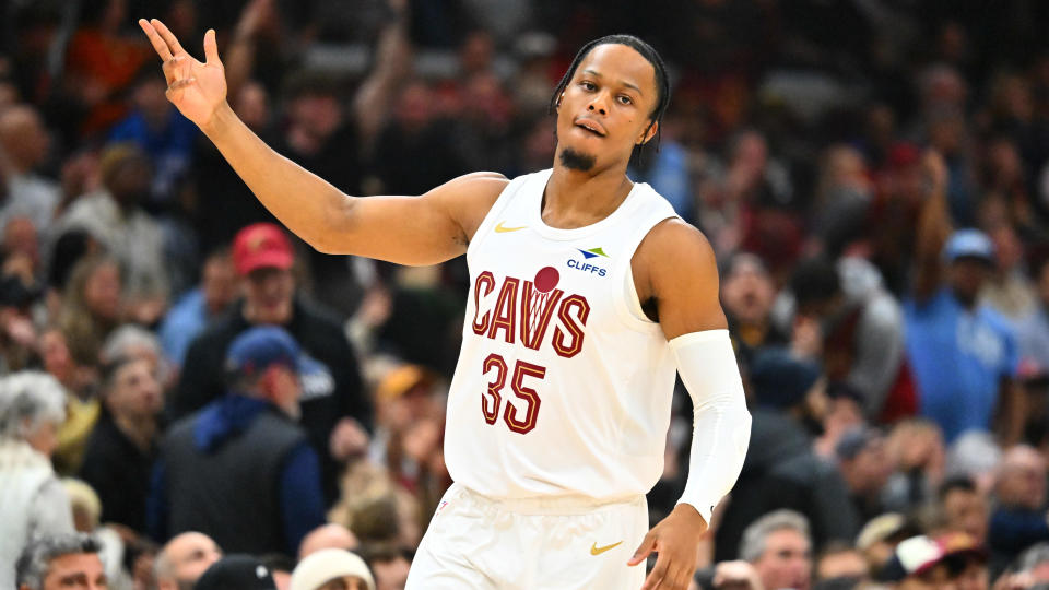 CLEVELAND, OHIO - NOVEMBER 27: Isaac Okoro #35 of the Cleveland Cavaliers celebrates during the first quarter against the Atlanta Hawks at Rocket Mortgage Fieldhouse on November 27, 2024 in Cleveland, Ohio. NOTE TO USER: User expressly acknowledges and agrees that, by downloading and or using this photograph, User is consenting to the terms and conditions of the Getty Images License Agreement. (Photo by Jason Miller/Getty Images)