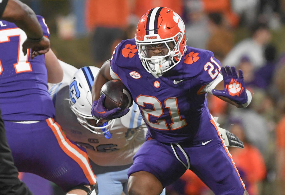 Nov 23, 2024; Clemson, South Carolina, USA; Clemson Tigers running back Jarvis Green (21) runs against The Citadel Bulldogs during the fourth quarter at Memorial Stadium. Mandatory Credit: Ken Ruinard-Imagn Images