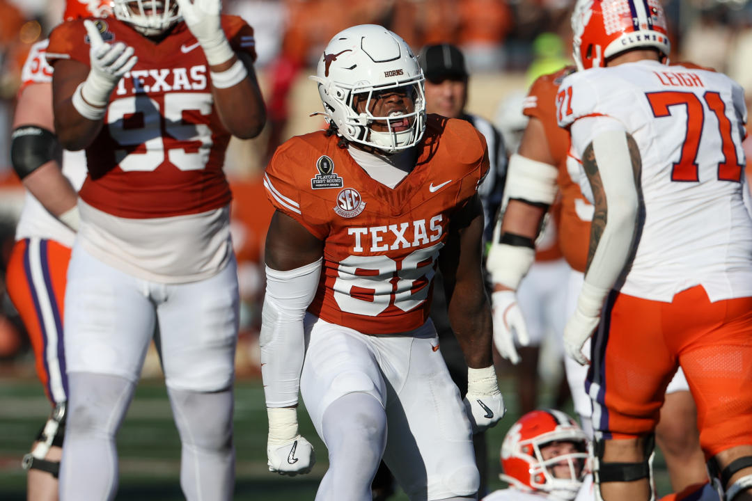 AUSTIN, TX - DECEMBER 21: Texas Longhorns linebacker Barryn Sorrell (88) celebrates a sack during the CFP First Round game between Texas Longhorns and Clemson Tigers on December 21, 2024, at Darrell K Royal - Texas Memorial Stadium in Austin, TX. (Photo by David Buono/Icon Sportswire via Getty Images)