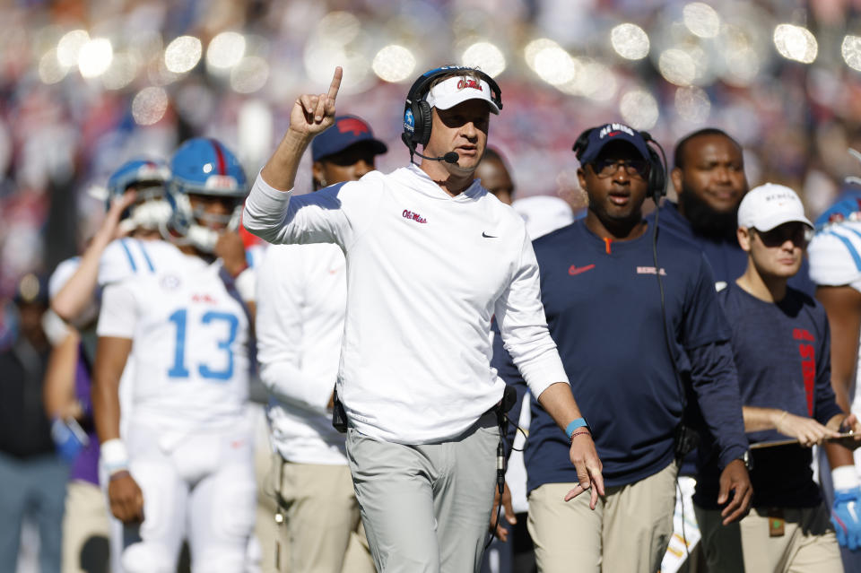 GAINESVILLE, FL - NOVEMBER 23: Mississippi Rebels head coach Lane Kiffin during the game between the Florida Gators and the Mississippi Rebels on November 23, 2024 at Ben Hill Griffin Stadium at Florida Field in Gainesville, Fl. (Photo by David Rosenblum/Icon Sportswire via Getty Images)