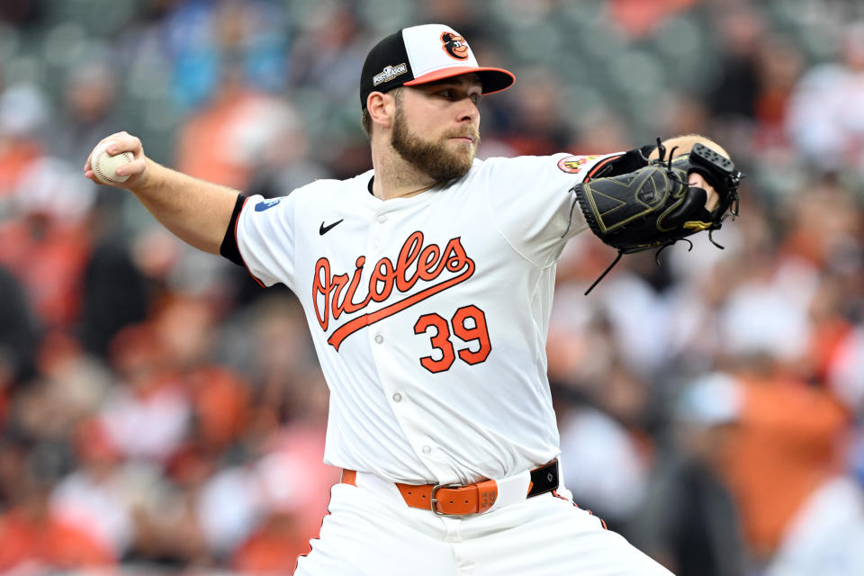 BALTIMORE, MARYLAND - OCTOBER 01: Corbin Burnes #39 of the Baltimore Orioles pitches the ball against the Kansas City Royals during the second inning of Game One of the Wild Card Series at Oriole Park at Camden Yards on October 01, 2024 in Baltimore, Maryland. (Photo by Greg Fiume/Getty Images)