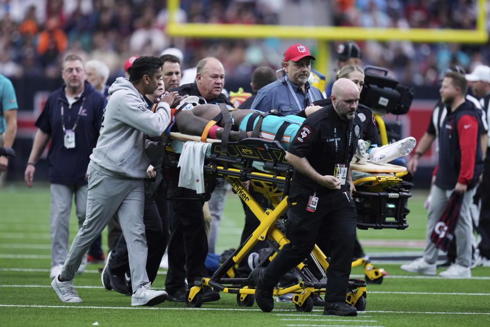 Grant DuBose was taken to a local hospital after leaving Sunday's Dolphins-Texans game on a stretcher. (AP Photo/Eric Christian Smith)