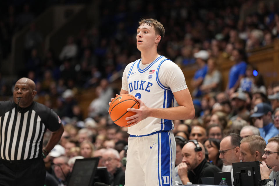 DURHAM, NORTH CAROLINA - NOVEMBER 29: Cooper Flagg #2 of the Duke Blue Devils looks to inbound the ball during the game against the Seattle Redhawks at Cameron Indoor Stadium on November 29, 2024 in Durham, North Carolina. (Photo by Grant Halverson/Getty Images)